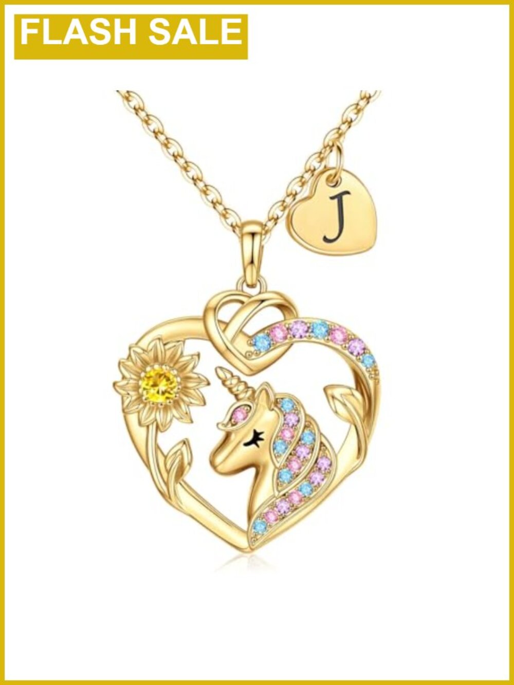 Unicorn Sunflower Initial Necklace 14k Gold Plated CZ Girls Jewelry